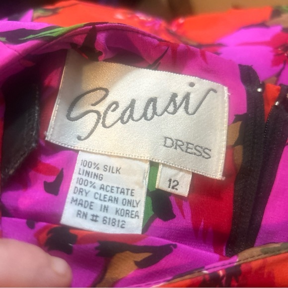 Scaasi Vintage Pink Floral Long Sleeve Layered 100% Silk Mini Dress Size 12 Belt - Picture 3 of 8